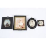 Three 19th century portrait miniatures on ivory and portrait of a girl.