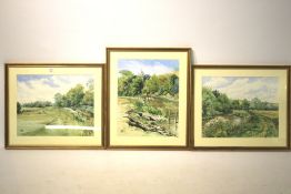 Three framed watercolour river landscapes by Karen Mewse.