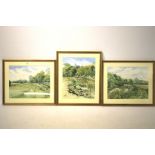 Three framed watercolour river landscapes by Karen Mewse.