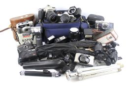 An asortment of 35mm camera equipment.