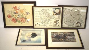 Five assorted framed and glazed pictures.
