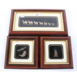 Three framed Middle Eastern scenes created from white metal collectables.
