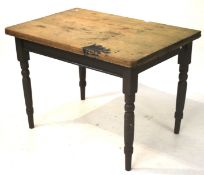 A pine plank top single drawer kitchen table. On turned baluster legs, L103.