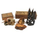 A collection of treen items including Anglo-Indian carved rectangular hinged box.