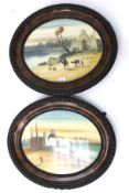 Two oval North African paintings on board. Scenes of water in the desert with nomads and camels.