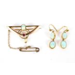 An Art Deco rose gold, opal, ruby and seed-pearl brooch and a pair of later opal pendent earrings.