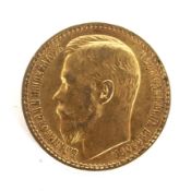 A Russian 1897 Nicholas II (1894-1917) 15 rubles gold coin. Weight 12.9 grams.