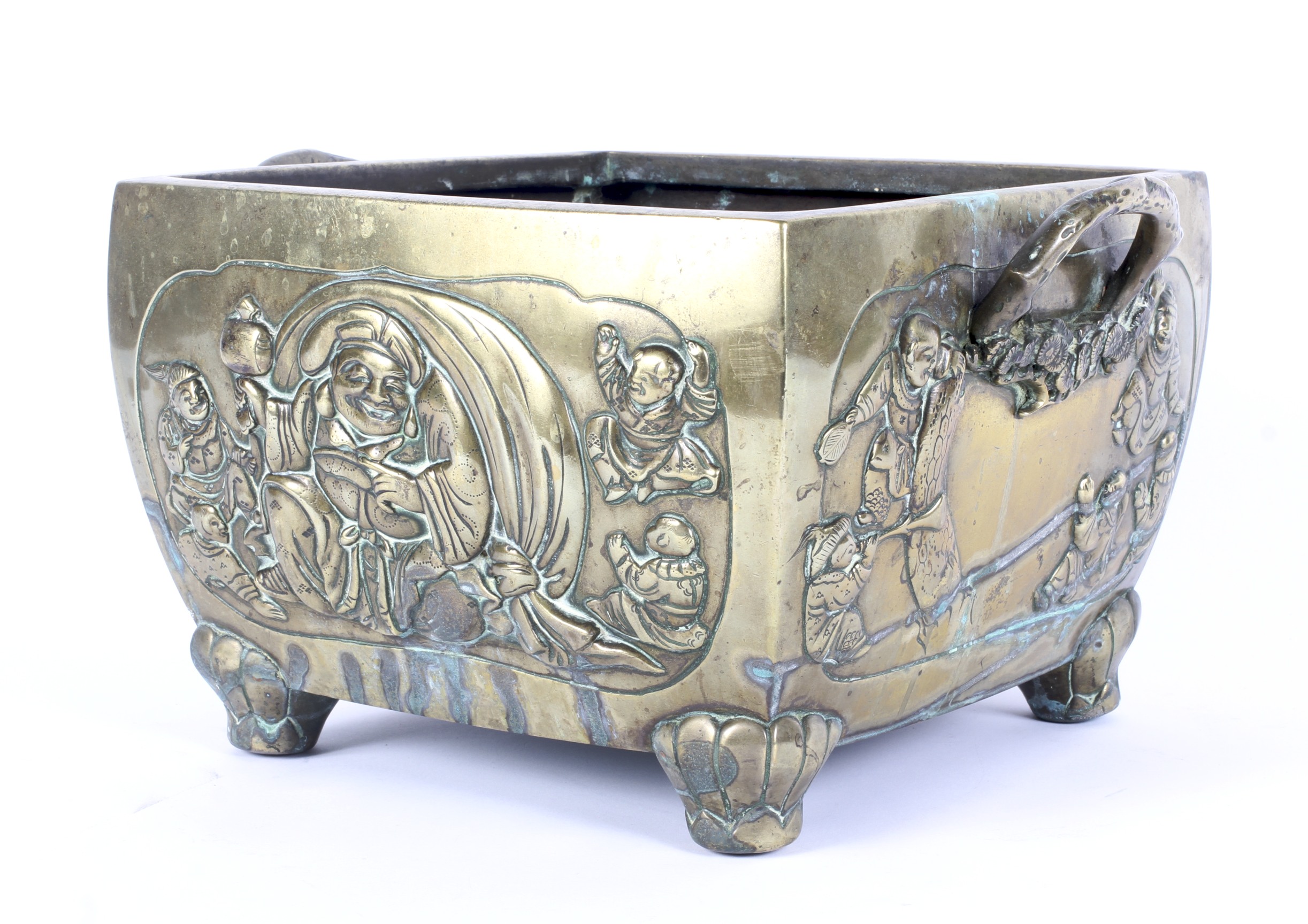 A 19th century Japanese square two-handled bronze censer.