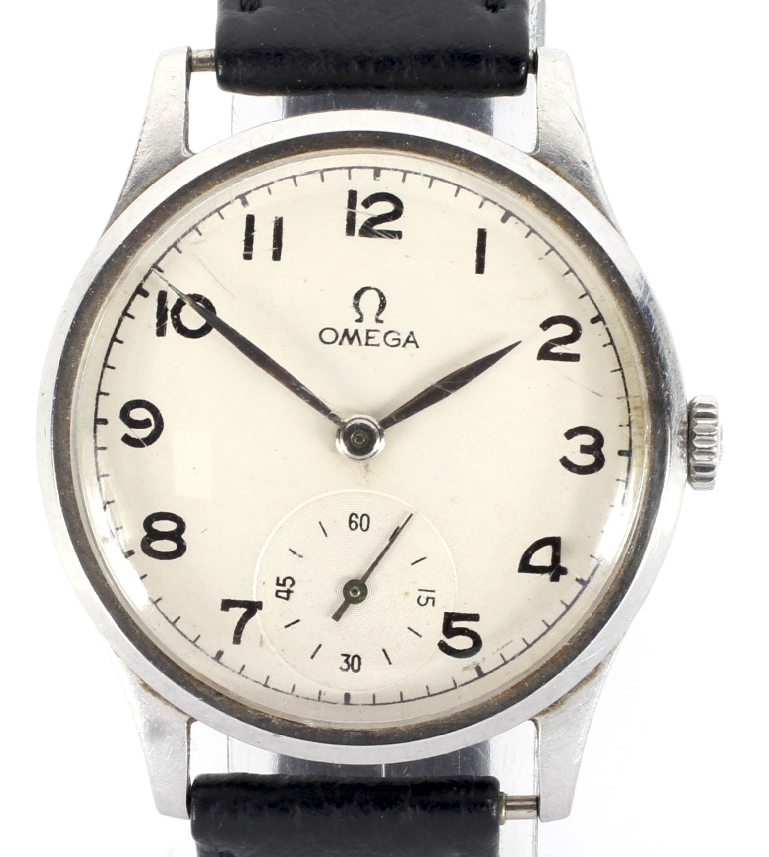 A circa 1943 vintage Omega stainless steel, sub-second manual wind wristwatch.