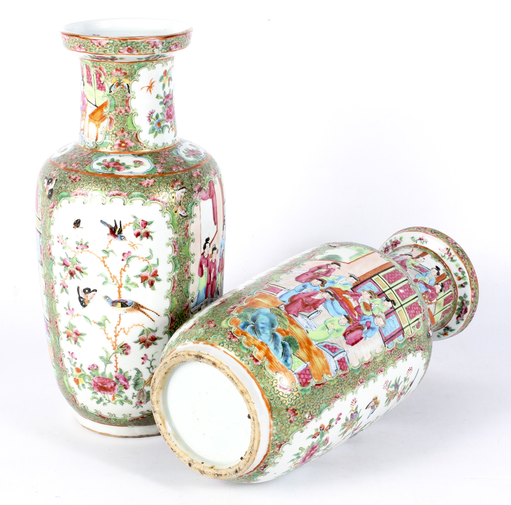 A pair of 19th century Canton famille rose rouleau shaped vases. - Image 2 of 2