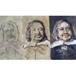 20th Century School, a framed acrylic triptych of portraits of a 17th century-style gentleman.