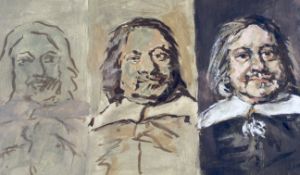 20th Century School, a framed acrylic triptych of portraits of a 17th century-style gentleman.