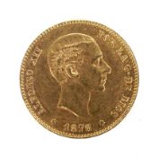 An 1878 Spanish King Alfonso X11 (1868-1885) gold 25 pesetas coin. Weight 8 grams.
