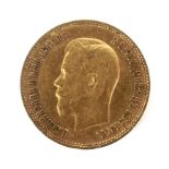 A Russian 1898 Nicholas II (1898-1911) 10 ruble gold coin. Weight 8.6 grams.