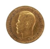 A Russian 1898 Nicholas II (1898-1911) 10 ruble gold coin. Weight 8.6 grams.