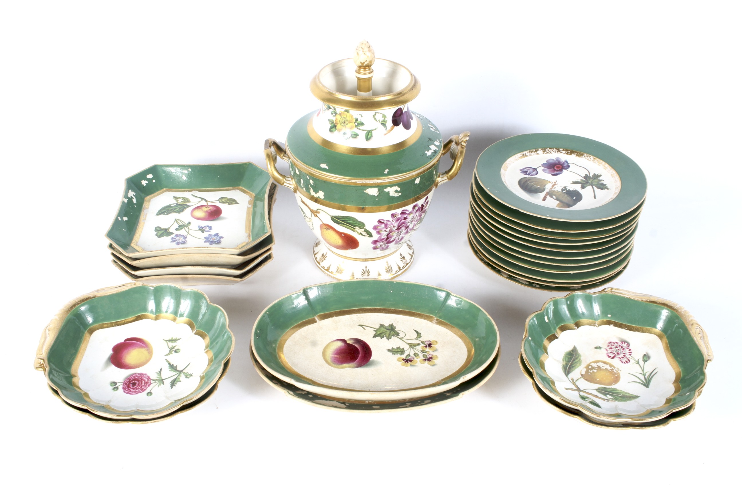 An early 19th century English porcelain green-ground part dessert service.