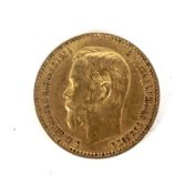 A Russian 1898 Nicholas II, (1895-1911), gold five rouble coin. Weight 4.3 grams.