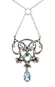 A late Victorian aquamarine and diamond double-scroll pendant necklace.