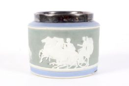 A 19th century Wedgwood tri-colour jasperware silver-plated cylindrical jar.