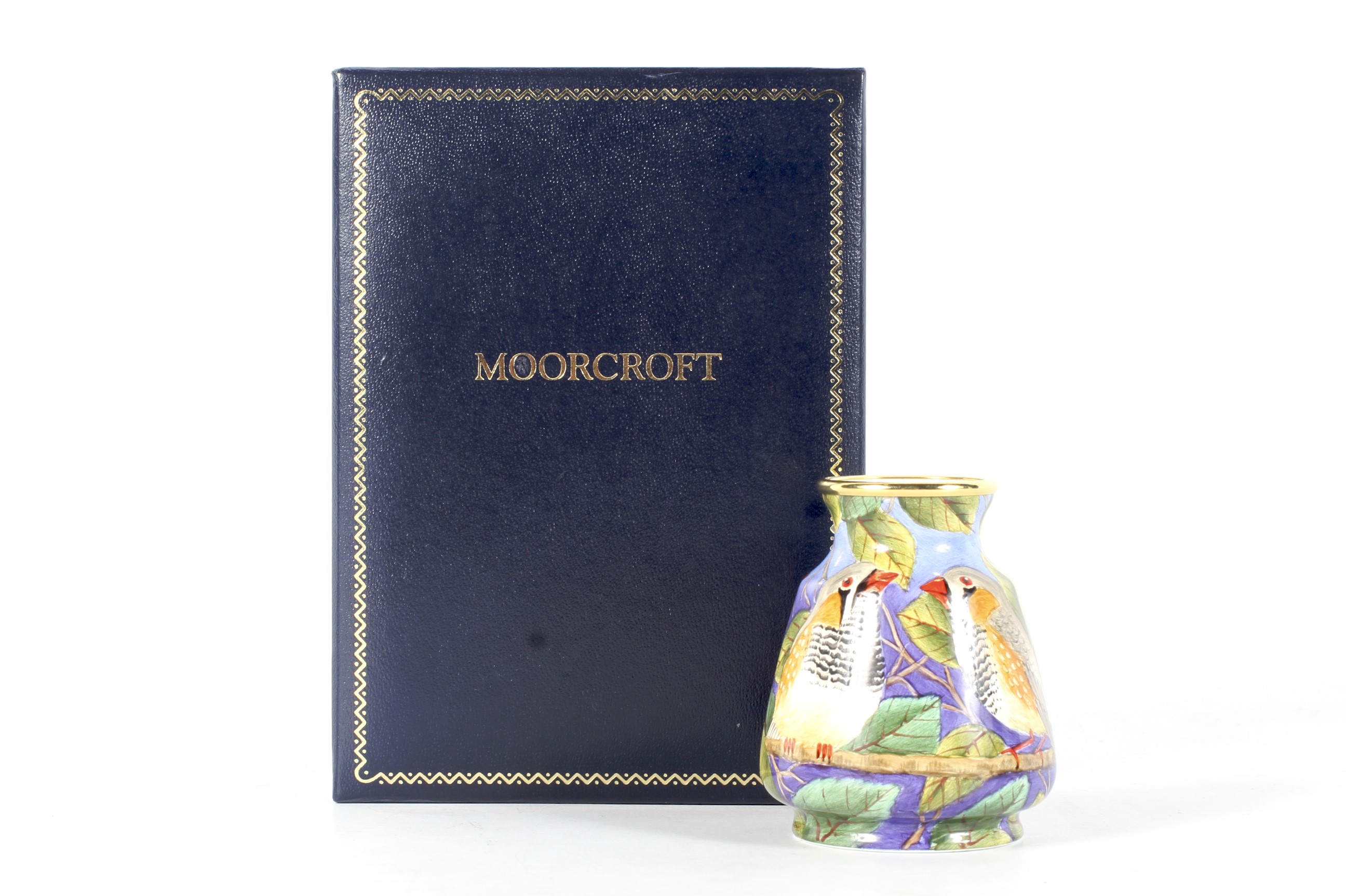 A small Moorcroft limited edition Zebra Zinch pattern enamel vase in presentation case.