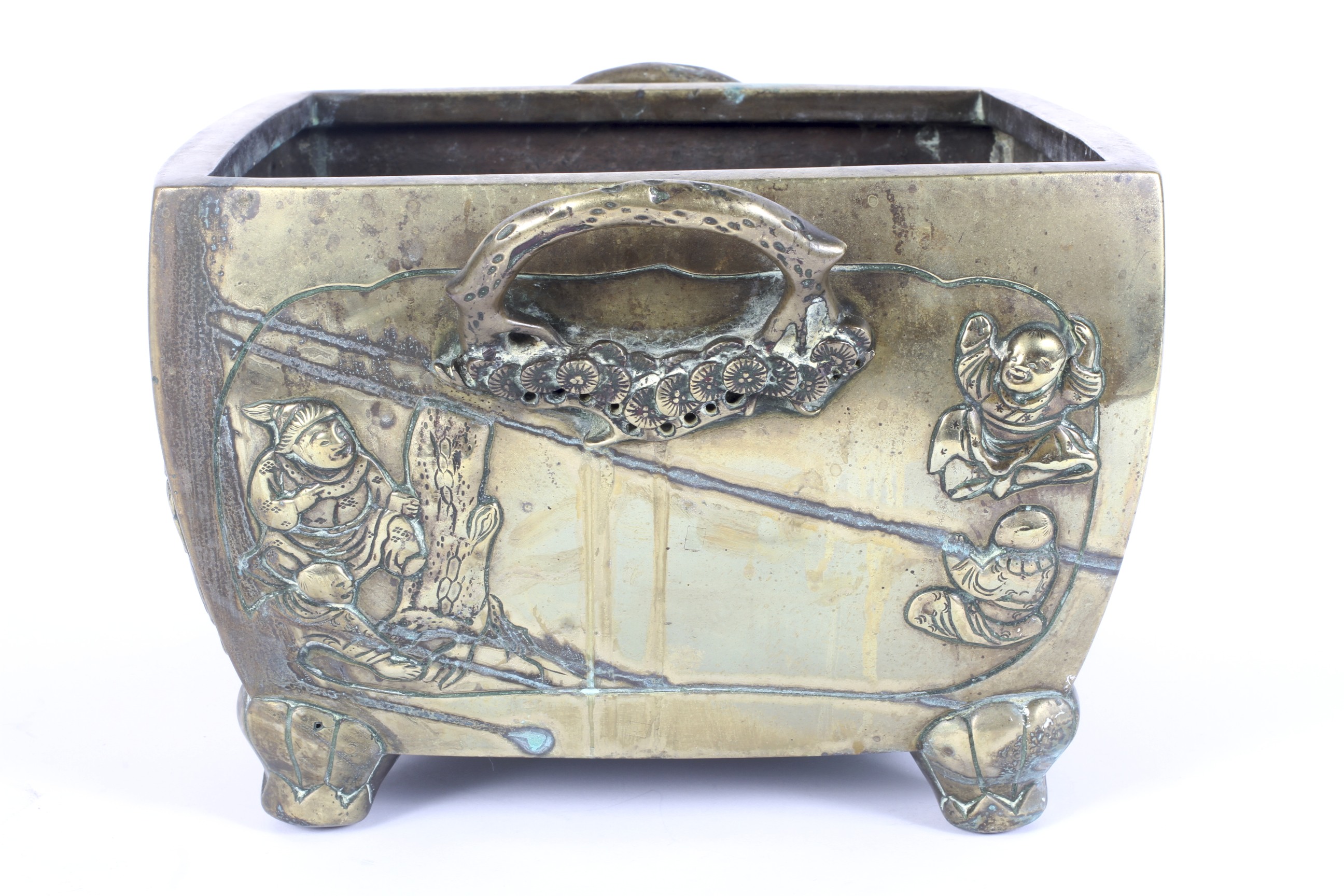 A 19th century Japanese square two-handled bronze censer. - Image 2 of 2