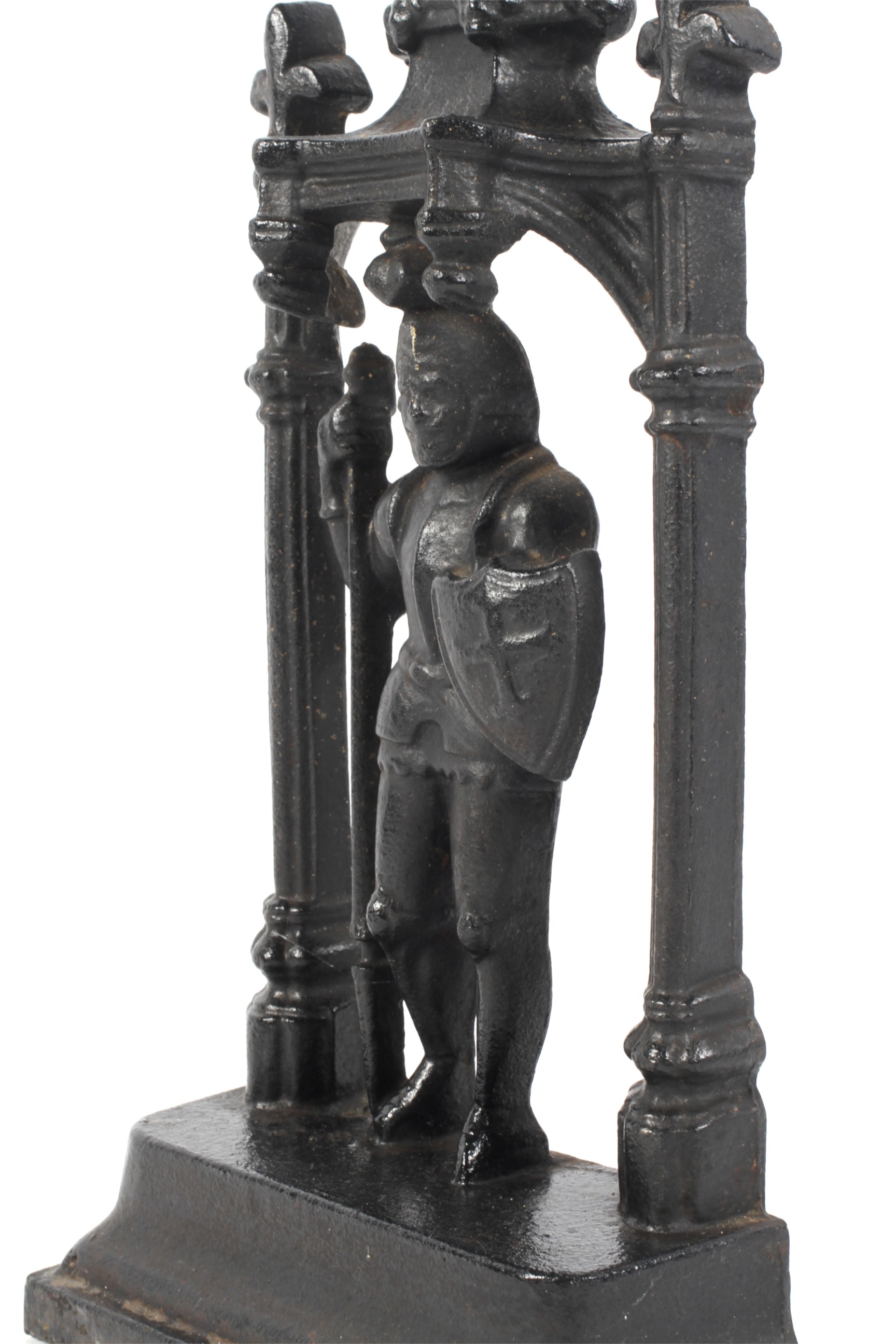 A late 19th century cast iron door stop in the form of a knight within a Gothic arch. - Image 2 of 2