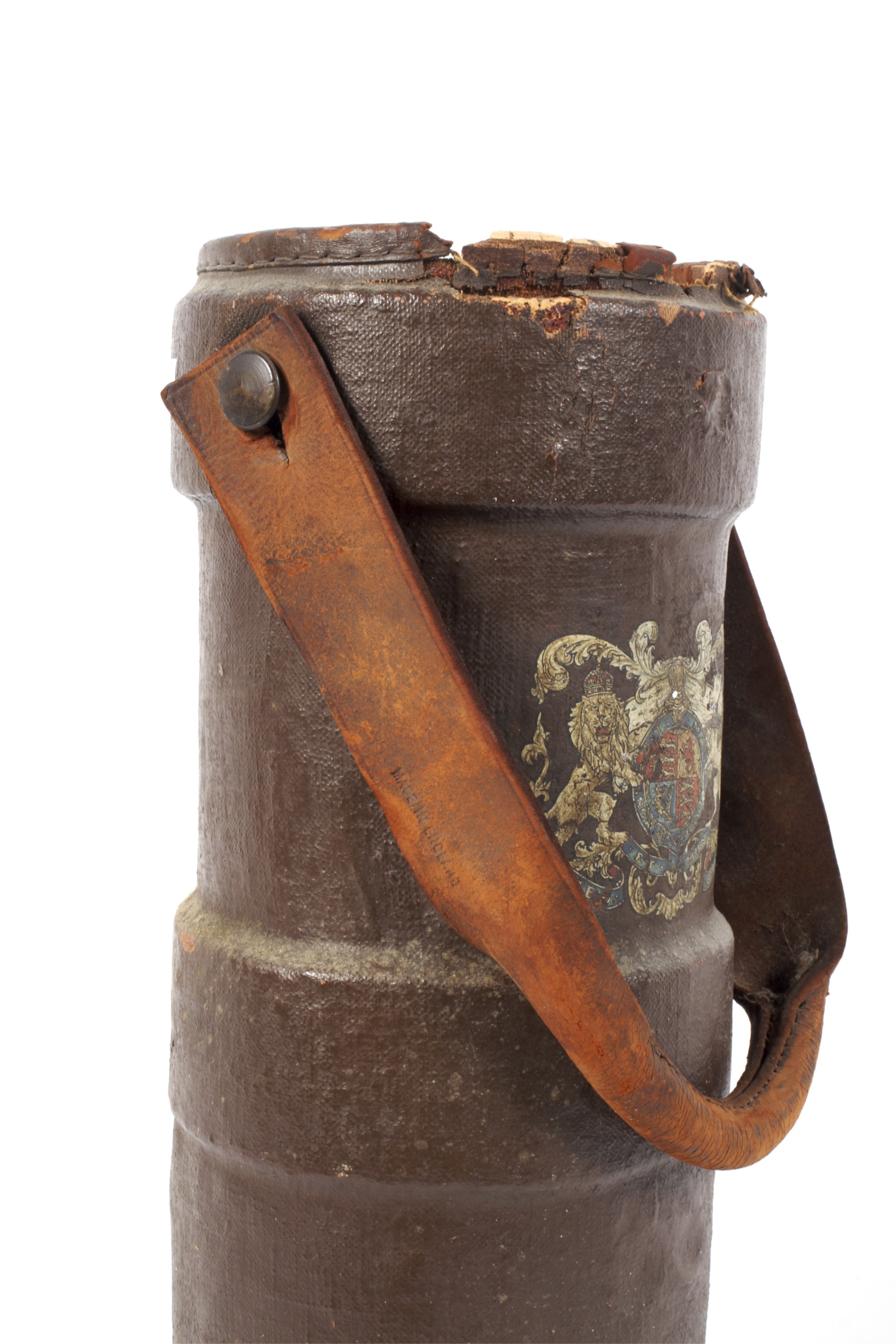 A WWI period cork shell case. Printed with the Royal Arms, with a brown leather strap handle, - Image 2 of 2