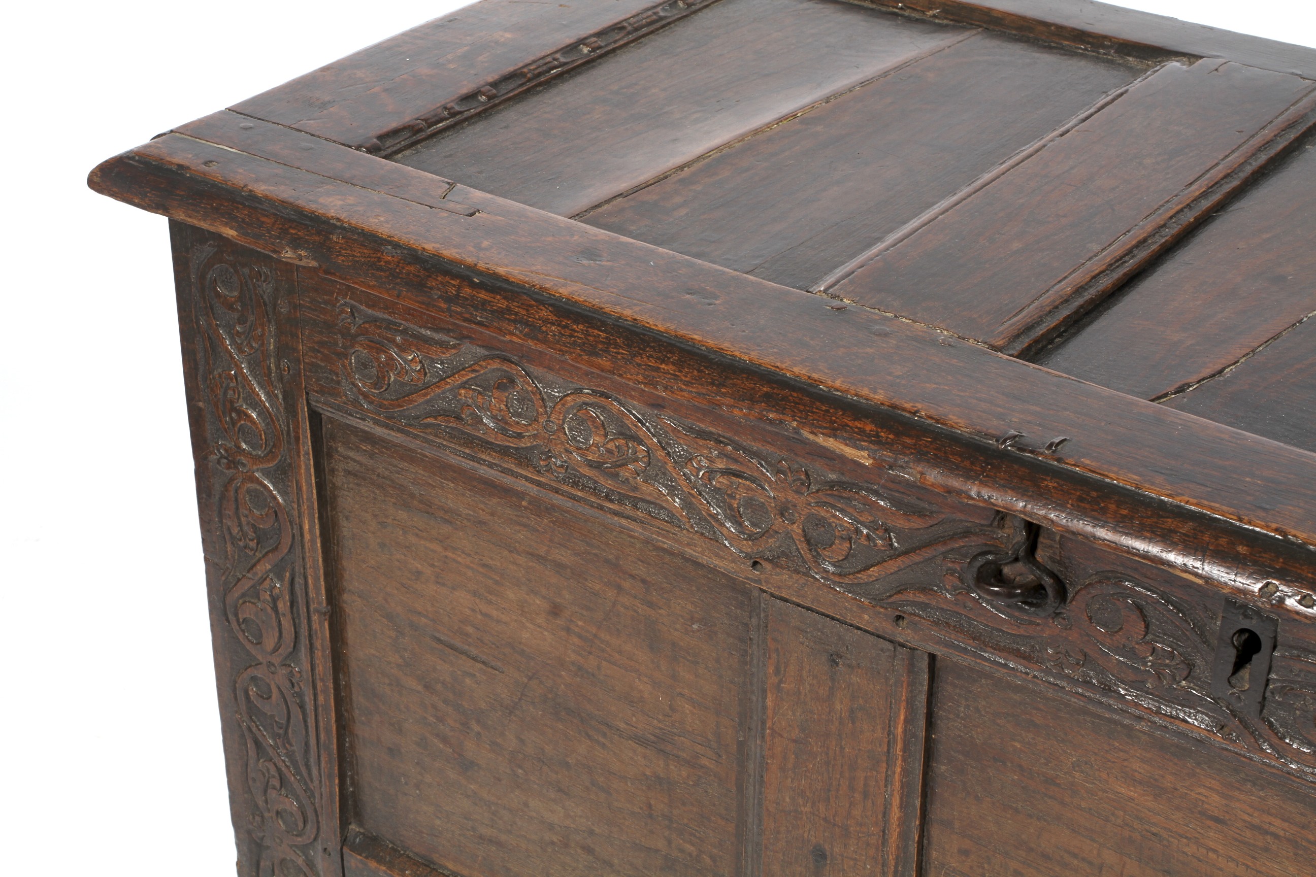 A panelled and carved oak coffer, late 17th century. - Image 2 of 2
