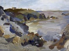 Fred Yates (1922-2008), Coastal scene, Pedn Vounder Beach and Carn Dhu, Cornwall, oil on board.