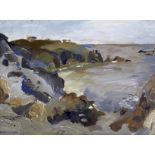 Fred Yates (1922-2008), Coastal scene, Pedn Vounder Beach and Carn Dhu, Cornwall, oil on board.