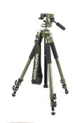 A Manfrotto 055 NAT tripod with a 123RC NAT head. In green, with a carrying strap.