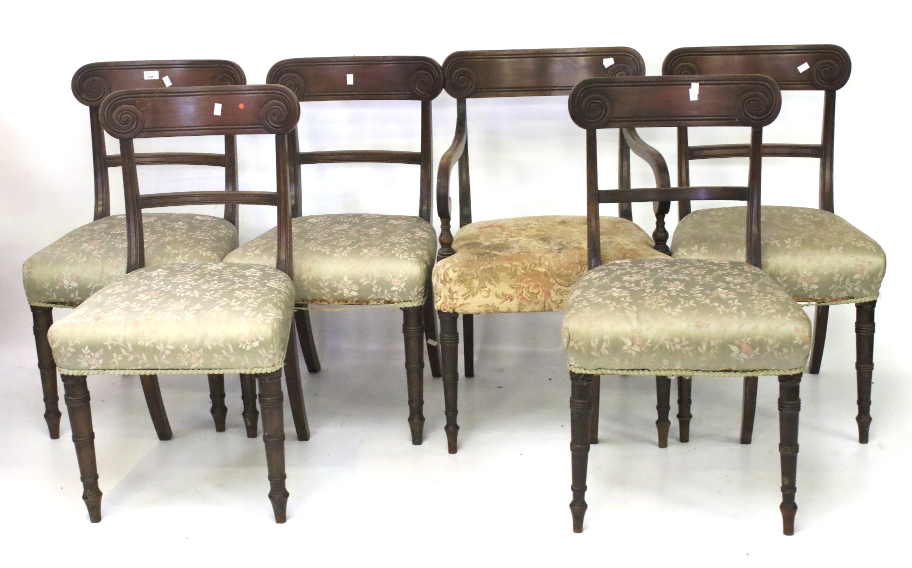 A set of five wooden framed upholstered