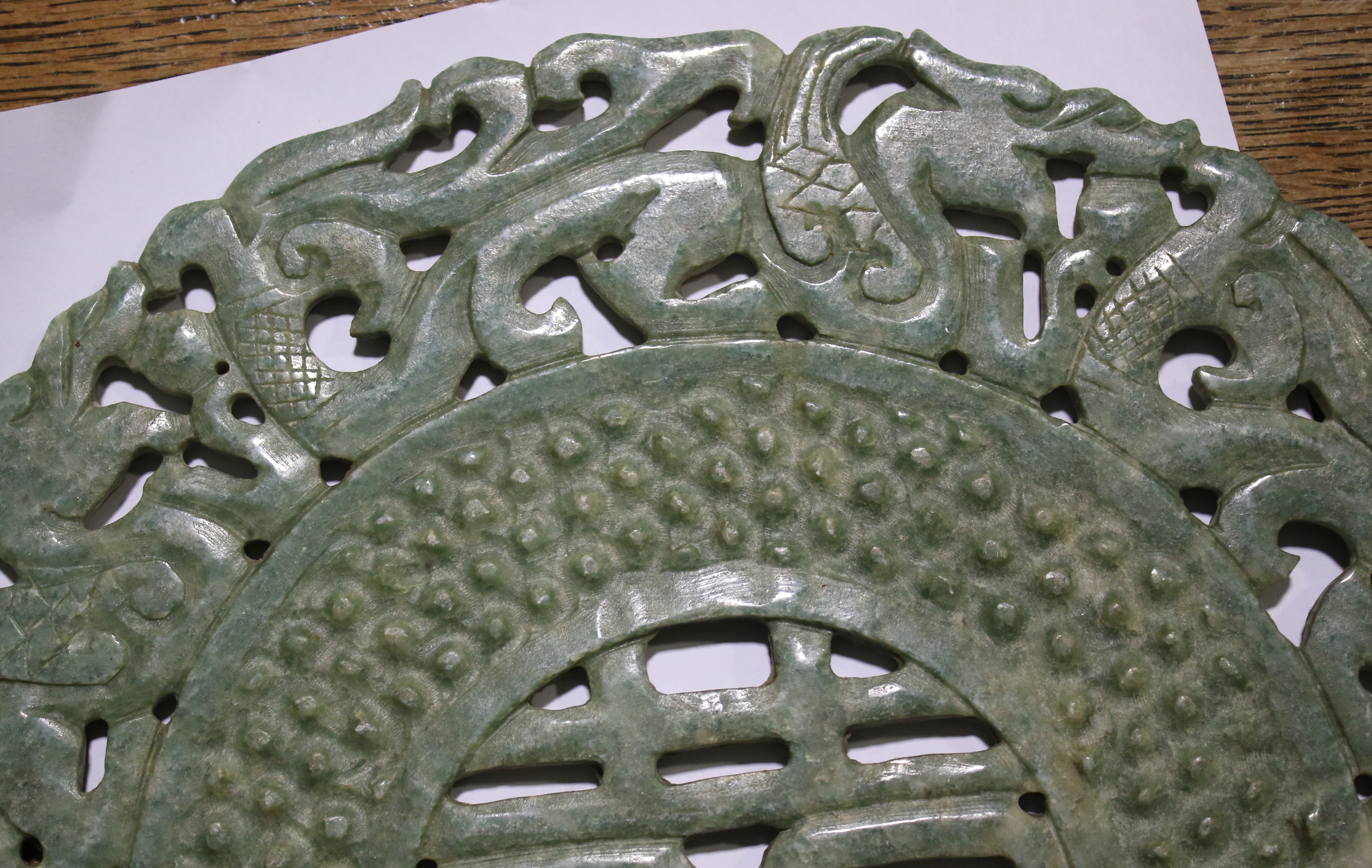 Two carved Chinese mottled green and whi - Image 3 of 12