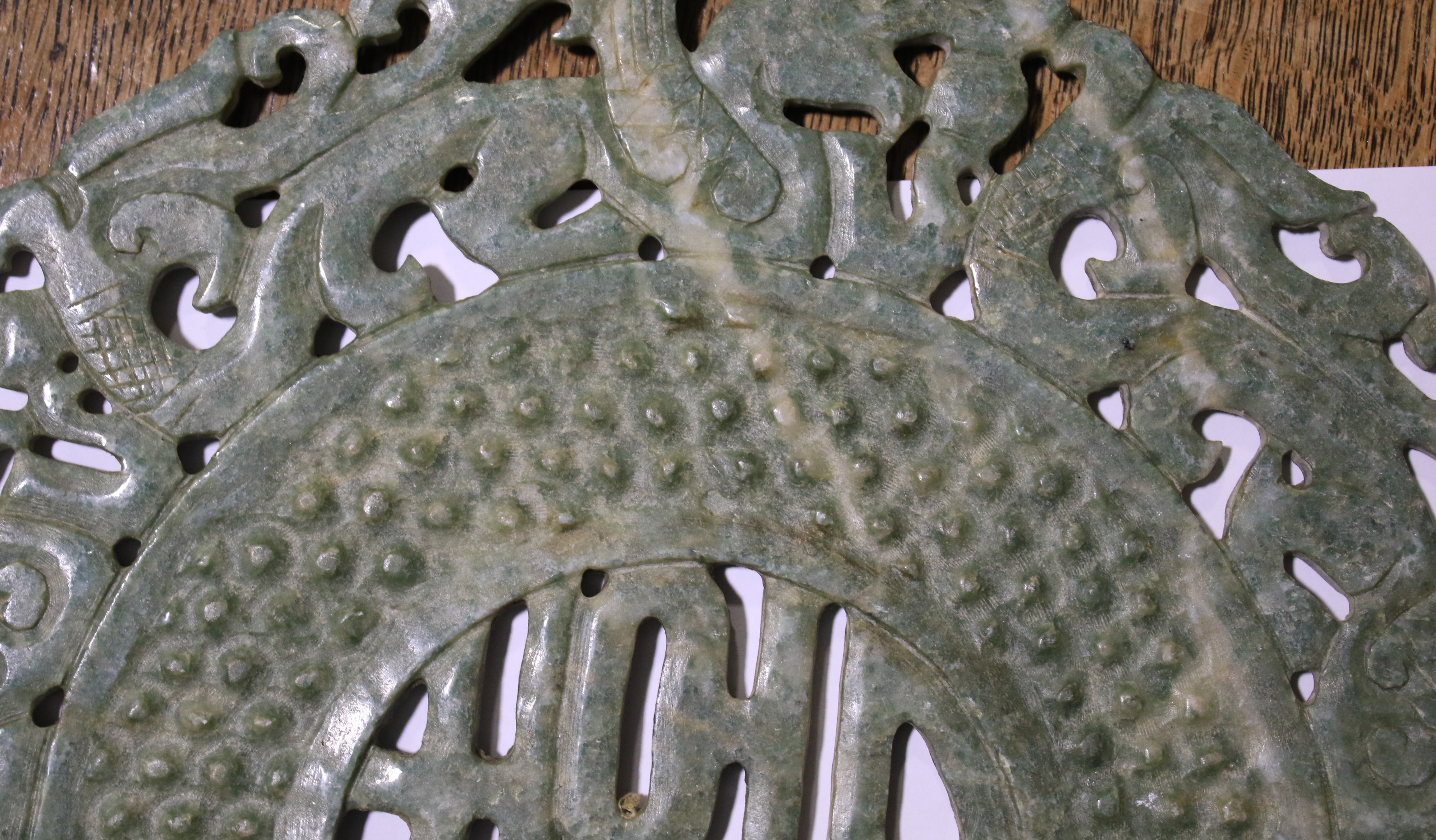 Two carved Chinese mottled green and whi - Image 4 of 12