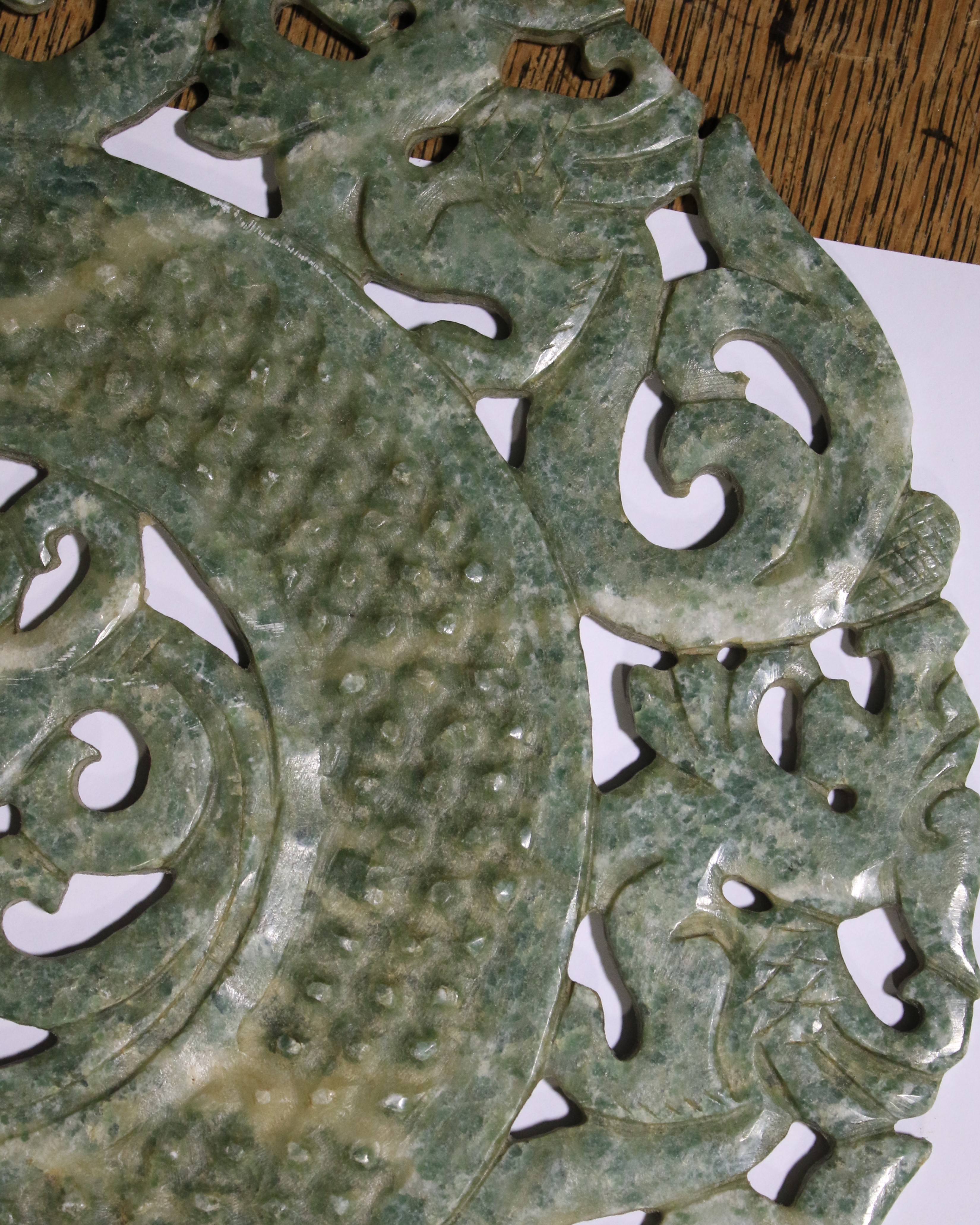 Two carved Chinese mottled green and whi - Image 7 of 12
