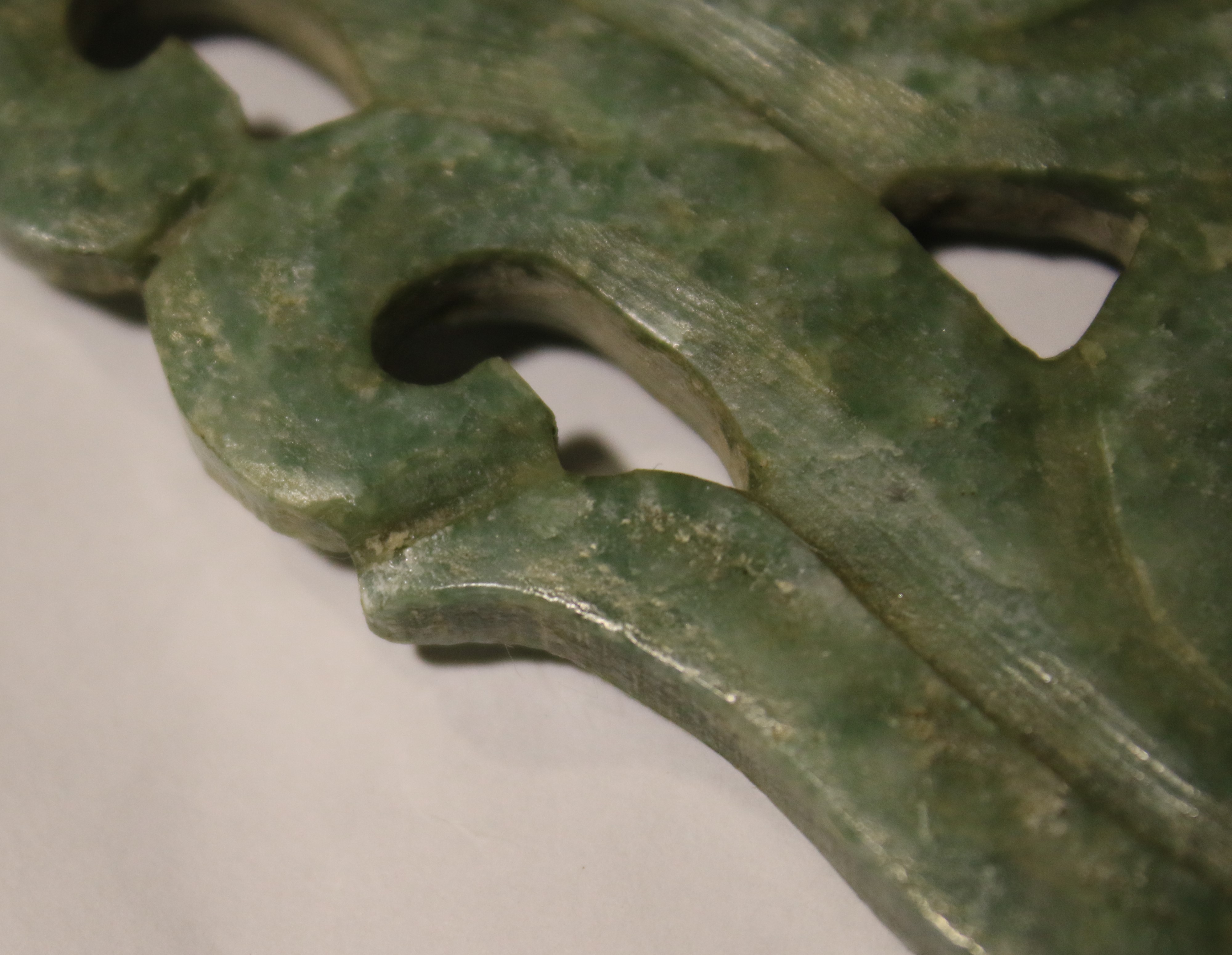 Two carved Chinese mottled green and whi - Image 6 of 12