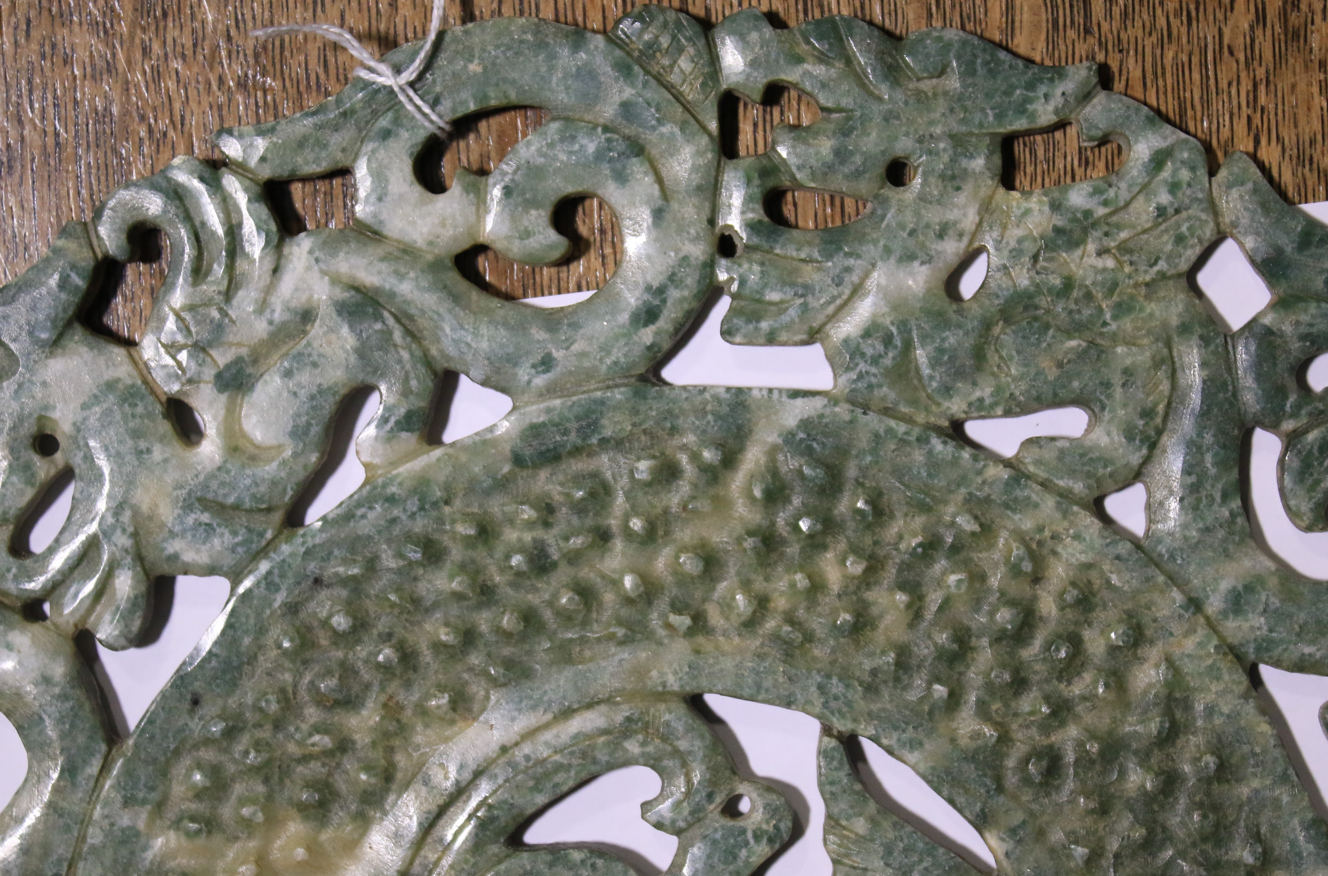 Two carved Chinese mottled green and whi - Image 10 of 12