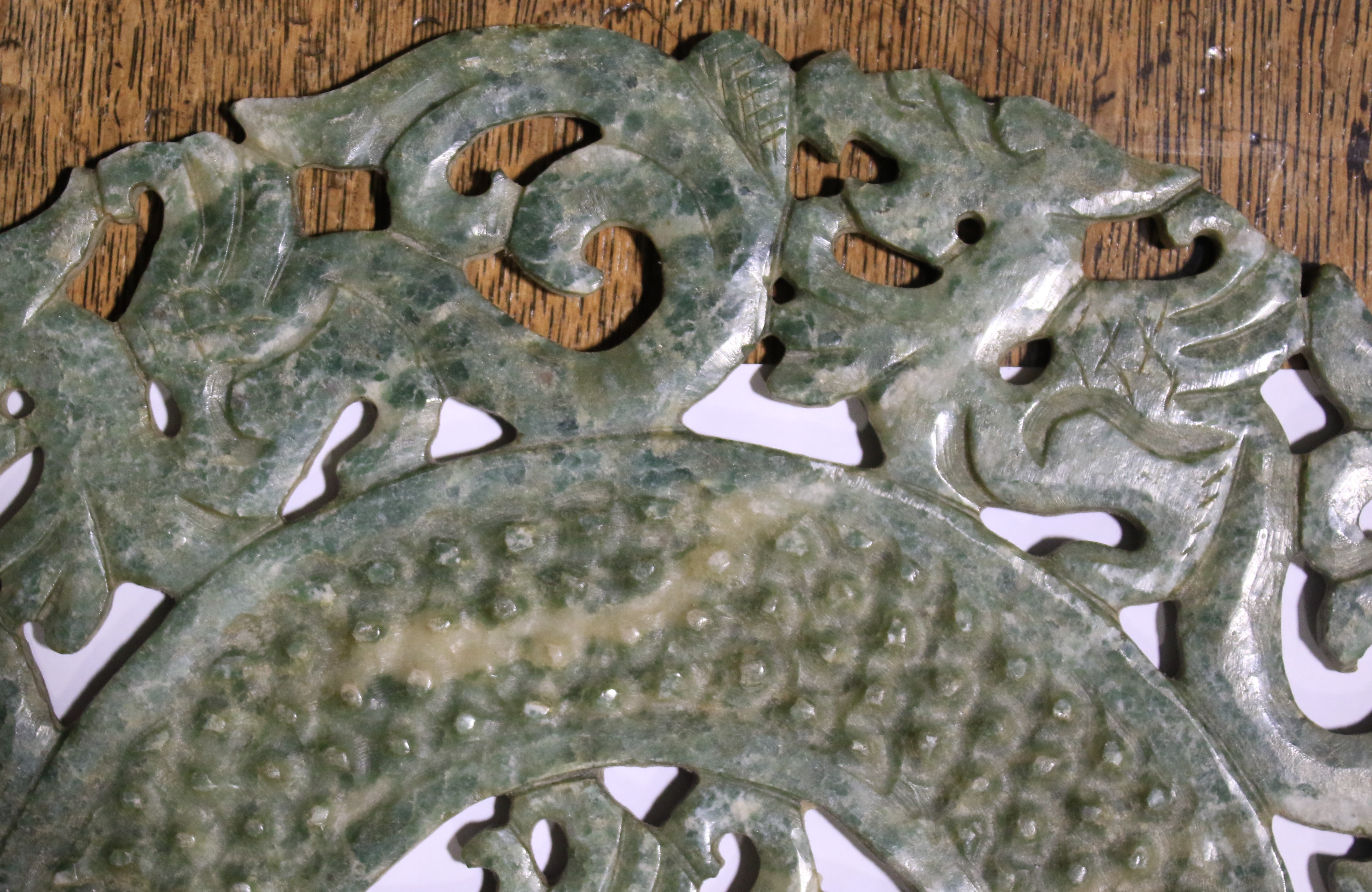 Two carved Chinese mottled green and whi - Image 8 of 12