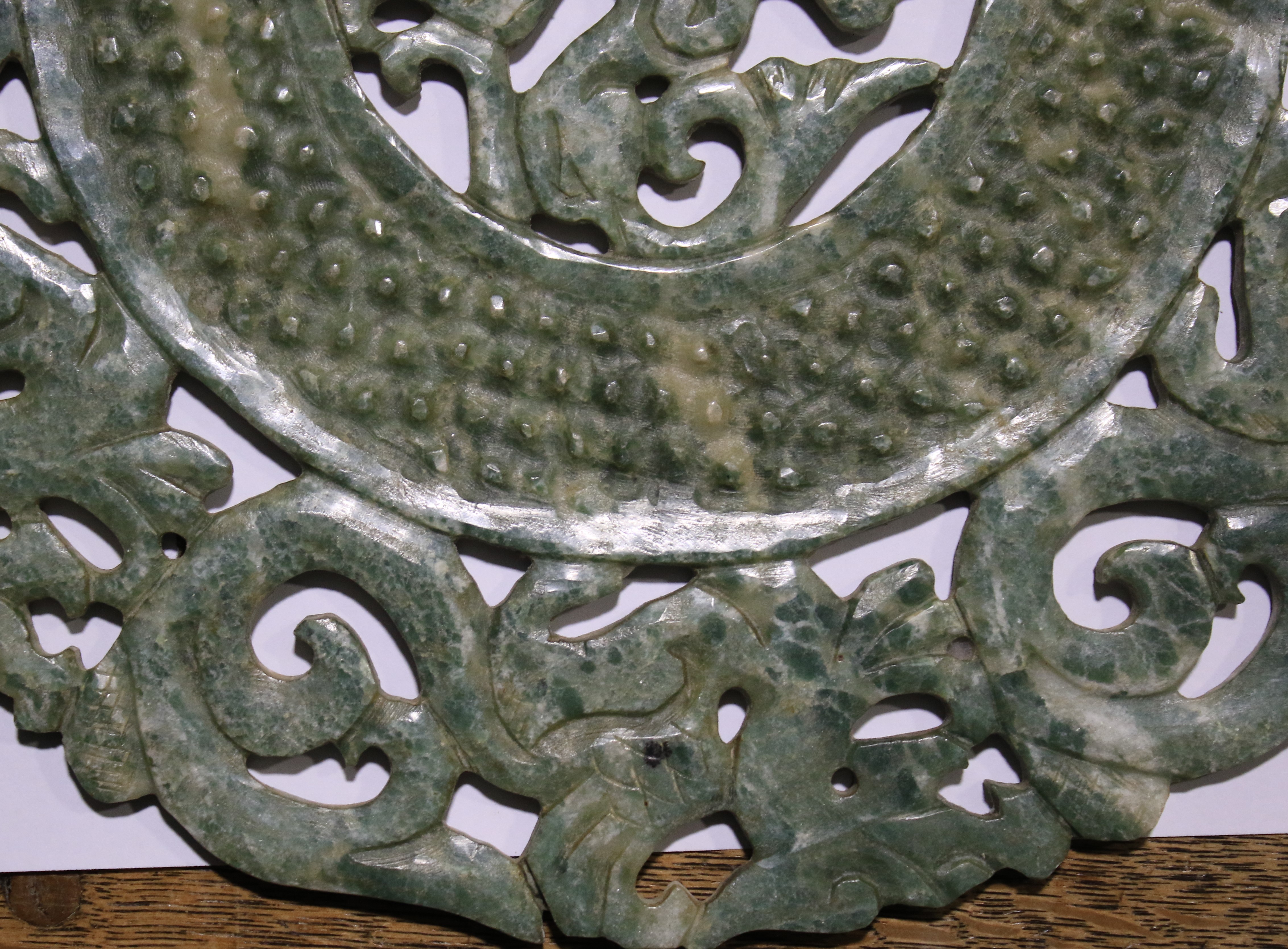 Two carved Chinese mottled green and whi - Image 9 of 12