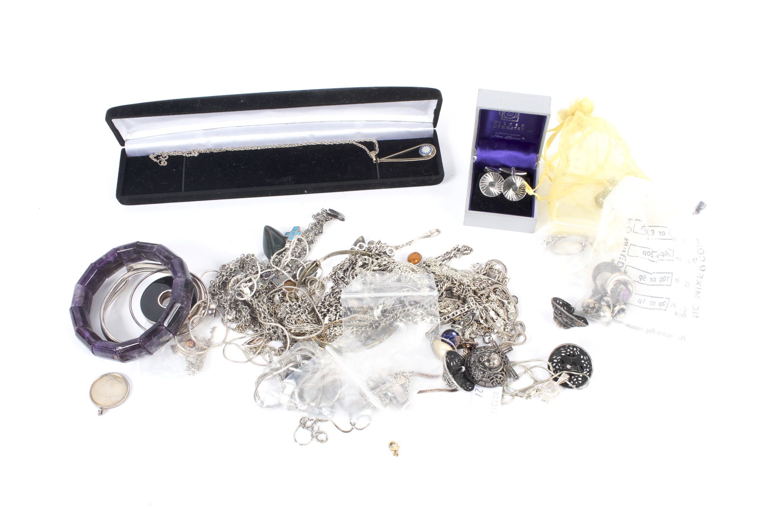 A collection of silver and white metal necklaces, bracelets including costume jewellery etc.