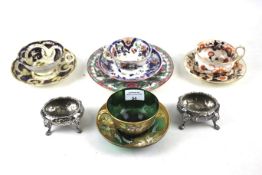 Four 19th Century tea cups and saucers, two silver plated salts and a Macau plate.