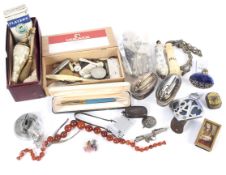 A good box of mixed collectables, including Ronson table lighters, jewellery silver,