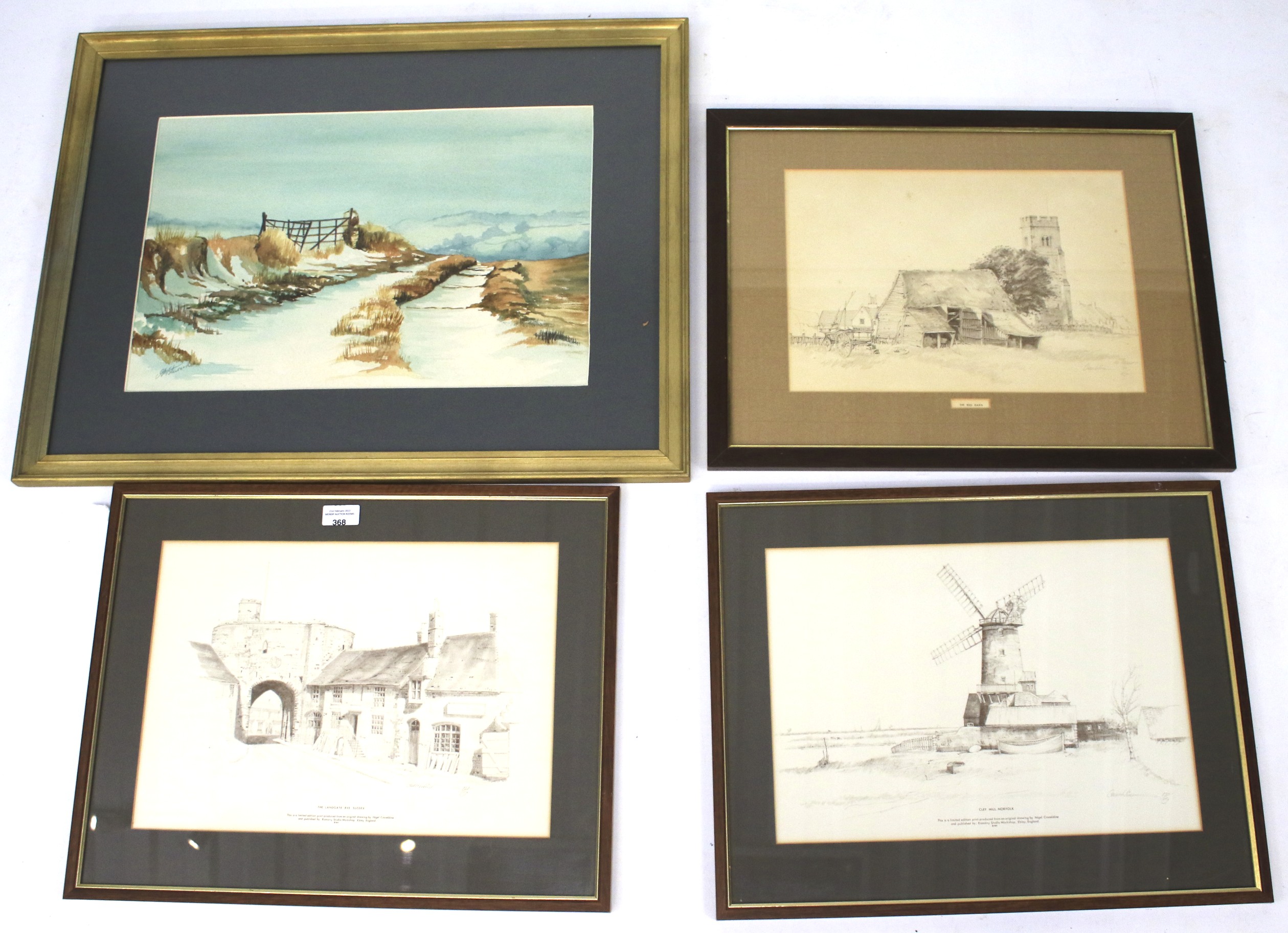 A contemporary watercolour and three Nigel Casseldine limited edition prints.