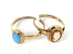 Two 9ct gold rings. Comprising a cameo ring and a ring set with a turquoise stone,