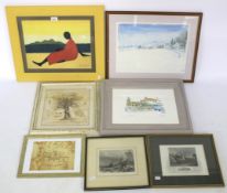 Two framed 19th century coloured engravings and various prints.