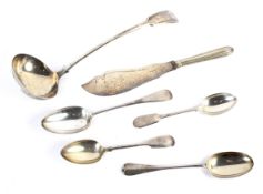 A Silver plated ladle and four serving spoons including a rat tail.