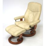 An Ekornes Stressless reclining open arm lounge chair and matching stool.