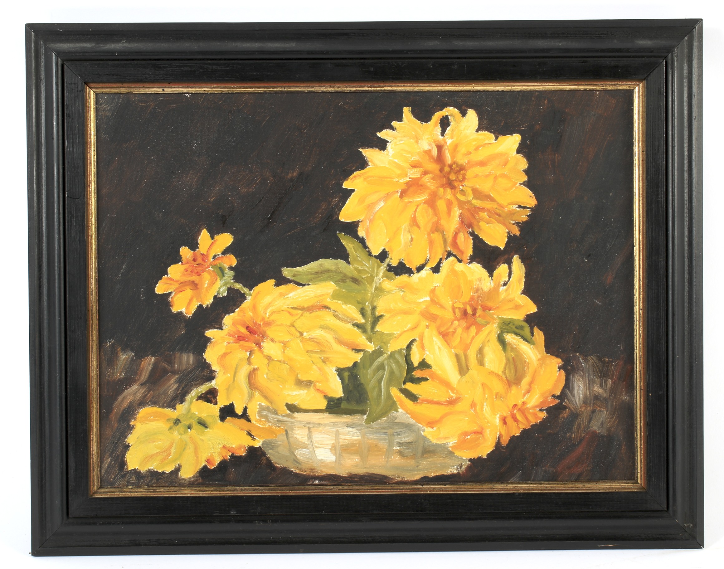 21st Century School, Still Life of yellow Dahlias, oil on canvas. Unsigned,