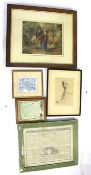 An assortment of prints and paintings. Including a 'Kendel & Dent's Time Chart of the World',