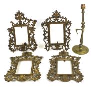 A vintage brass railway carriage adjustable wall light fitting and four photograph frames